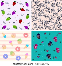 Mixed Cute fruit, cup, dessert, flower and leaves  pattern for background. Summer background.