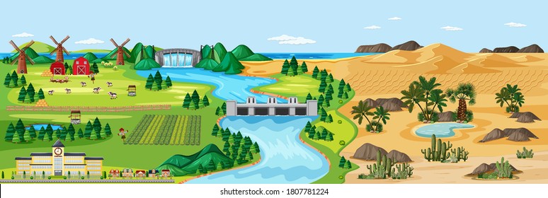 Mixed different nature scene farm and desert illustration