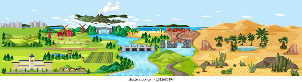 Mixed different nature scene farm and desert illustration