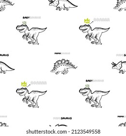 Mixed dino family seamless pattern. Doodle background with papasaurus, mamasaurus, roar baby saurus. Funny Dino collection. Textile design for baby boy on white background.