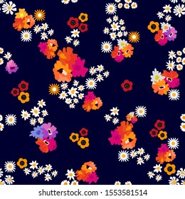 Mixed ditsy botanical pattern. Seamless vector pattern with miniature flowers. Small chamomiles, daisies, poppies on dark background. Template for textile and scrapbooking paper.
