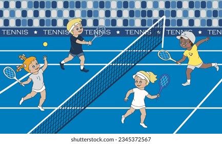 Mixed doubles tennis. One boy and one girl per team playing on tennis court. Cartoon vector illustration. Sport.