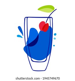 Mixed drink. Bright blue cocktail in glass with cherry. Blue lagoon cocktail. Exotic tropical beach bar. Flat cartoon vector illustration icon on white background. Dark blue liquid in clear glass. 