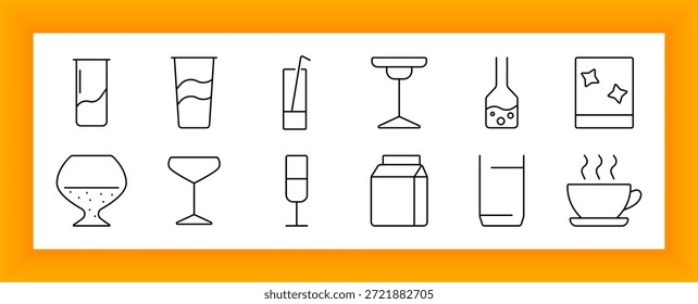 Ícone de conjunto de bebidas mistas. Taça alta, caixa, coquetel, xícara, boba, estrelas, champanhe, café, suco, espumante, bar, festa, doce, milkshake