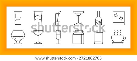 Mixed drink set icon. Tall glass, carton, cocktail, cup, boba, stars, champagne, coffee, juice, sparkling, bar, party, sweet, milkshake
