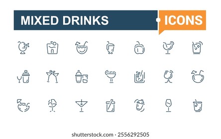 Mixed Drinks line web icon set. Contains related to cocktail, brandy, liquor, beverage, tequila, bar, mojito, old. Collection for mobile and web apps. Editable vector stroke.