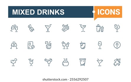 Mixed Drinks line web icon set. Contains related to cocktail, brandy, liquor, beverage, tequila, bar, mojito, old. Collection for mobile and web apps. Editable vector stroke.