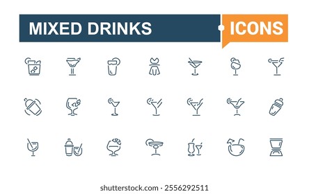 Mixed Drinks line web icon set. Contains related to cocktail, brandy, liquor, beverage, tequila, bar, mojito, old. Collection for mobile and web apps. Editable vector stroke.