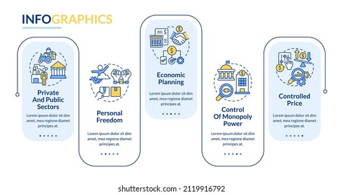 La economía mixta incluye una plantilla infográfica rectangular. Estado y negocios. Visualización de datos con 5 pasos. Gráfico de información de la línea de tiempo del proceso. Diseño de flujo de trabajo con iconos de línea. Lato-Bold, fuentes regulares usadas