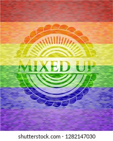 Mixed up emblem on mosaic background with the colors of the LGBT flag