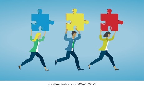 Mixed ethnic group running with puzzle pieces. Use it as a collection and separate each person or use them all together. Vector illustration. EPS10.