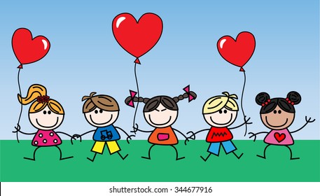 mixed ethnic happy children with balloons