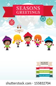 Mixed ethnicity group of boys and girls playing outside in the snow in hats and scarves in Lapland with red ribbon text banners