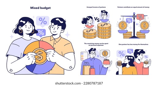 Mixed family budget set. Household earnings and expenses accounting. Financial efficiency, budgeting and economy idea. Modern family lifestyle. Flat vector illustration