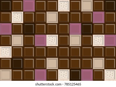 mixed flavors chocolate bar background or wallpaper,cartoon vector illustration,for presentation or commercial,dark,milk,strawberry,cookie and cream