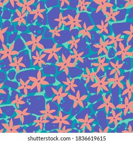 Mixed floral and abstract Irregular blocks seamless pattern. Small meadow daisy flowers on paving stone, stained glass mosaic tracery ornament. 