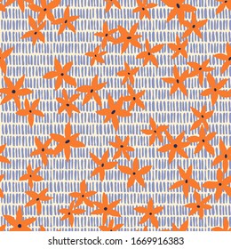Mixed floral and dashed background. Botanical seamless pattern made of small meadow daisy flowers on weaving stripes texture. Simple flat illustration.