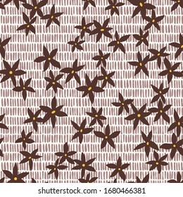 Mixed floral and dashed background. Botanical seamless pattern made of small meadow daisy flowers on weaving stripes texture. Simple flat illustration.