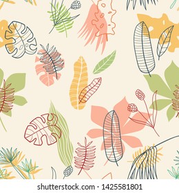 Mixed Floral Palm Leaves Tropical Illustration Seamless Pattern