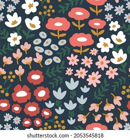 Mixed Floral Seamless Repeat Pattern Tulips Field Daisies for Textile, Wallpaper, Paper use. Sweet and Girly Flowers