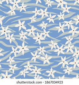 Mixed floral and stripes background. Botanical seamless pattern made of small meadow daisy flowers on animal zebra stripes texture. Simple flat illustration.