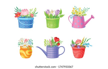 Mixed Flower Bouquets Standing in Buckets and Watering Can Vector Set