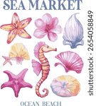 mixed flower and sea shell motifs cute surf hibiscus girl painted effect sea ocean Hawaii beach tropical Trending Script Slogan Graphic Tee t-shirt logo artwork typography tote badge emblem crest 

