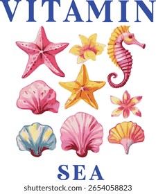 mixed flower and sea shell motifs cute surf hibiscus girl painted effect sea ocean Hawaii beach tropical Trending Script Slogan Graphic Tee t-shirt logo artwork typography tote badge emblem crest 


