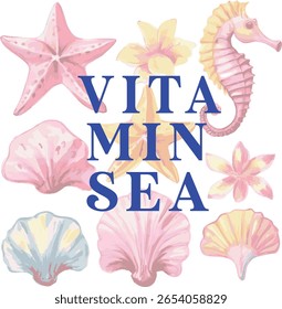 mixed flower and sea shell motifs cute surf hibiscus girl painted effect sea ocean Hawaii beach tropical Trending Script Slogan Graphic Tee t-shirt logo artwork typography tote badge emblem crest 


