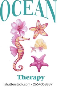 mixed flower and sea shell motifs cute surf hibiscus girl painted effect sea ocean Hawaii beach tropical Trending Script Slogan Graphic Tee t-shirt logo artwork typography tote badge emblem crest 

