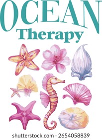 mixed flower and sea shell motifs cute surf hibiscus girl painted effect sea ocean Hawaii beach tropical Trending Script Slogan Graphic Tee t-shirt logo artwork typography tote badge emblem crest 

