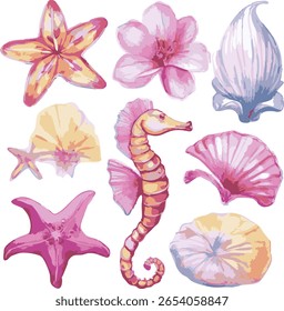 mixed flower and sea shell motifs cute surf hibiscus girl painted effect sea ocean Hawaii beach tropical Trending Script Slogan Graphic Tee t-shirt logo artwork typography tote badge emblem crest 

