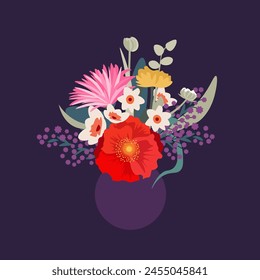 Mixed flower bouquet in vase for spring holidays. Women's Day, Mother's Day. Modern art for poster, postcard and banner. Vector flat illustration