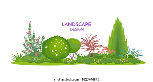 Mixed Flowers Border Template With Text. Color Vector Isolated  Illustration In Flat Style For Landscape And Garden Design.