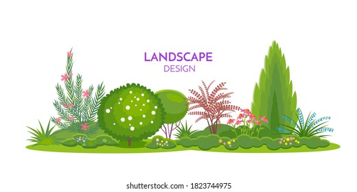 Mixed flowers border template with text. Color vector isolated  illustration in flat style for landscape and garden design.