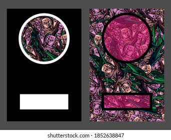 Mixed flowers on card, postcard, daisy, alstroemeria, cartoon, banner, poster, invitation, party, rectangle, outline, empty space, text space advertising, signboard, birthday, circle, round, black