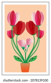 Mixed Flowers on pot with leaf and tree on the photo frame, watercolor flowers for wall decoration 