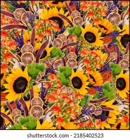 Mischblumen - Sonnenblumen, Nektar, Rosen, violette Blätter. bunter Design. Bio-Natursaison-Pflanzen. für Stoff, Banner, Deckel, Karte, Leinwand, Hintergrund, Tapete. Vektorgrafik