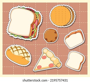 Mixed food cartoon sticker on grid background illustration
