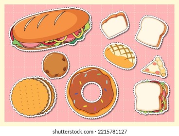 Mixed food cartoon sticker on grid background illustration
