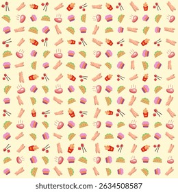 Mixed food vector pattern, sushi bread fries beef cupcake, cute design, seamless