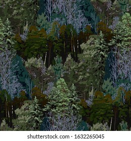 Mixed forest of deciduous and coniferous trees. Vector repeated seamless pattern