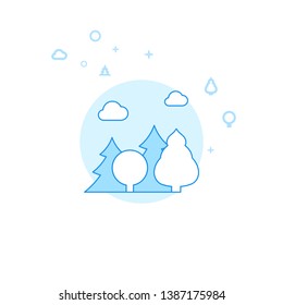 Mixed Forest Flat Vector Icon. Wild Tree Illustration. Light Flat Style. Blue Monochrome Design. Editable Stroke. Adjust Line Weight.