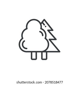 Icono de bosque mixto. Un simple trazado de líneas de árboles simples y coníferas. Vector aislado sobre fondo blanco puro.