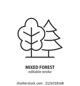 Mixed forest line icon. Coniferous and deciduous trees vector symbol. Forest trees sign. Editable stroke.