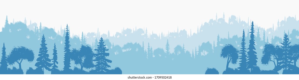 Mixed forest, morning haze. Vector drawing, panoramic view.