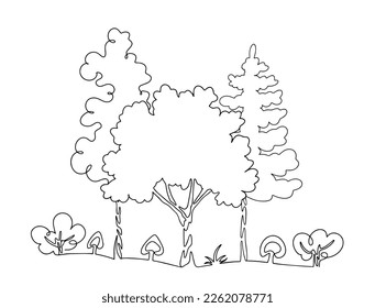 Bosque mixto en una línea. Árboles, arbustos, coníferas y setas. Día Internacional de los Bosques. Ilustración del vector