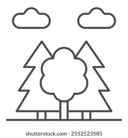 Mixed forest thin line icon, camping adventure concept. Vector graphics. Fir tree and oak tree sign on white background, outline style icon for mobile or web design