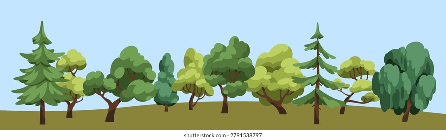 Mixed forest trees. Nature landscape panorama. Summer woodland, woods with different large deciduous and coniferous plants. Horizontal background. Panoramic spring wood. Flat vector illustration