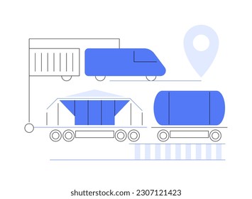 Ilustración vectorial de concepto abstracto del tren de mercancías mixto. Muchos trenes de mercancías en camino, contenedor intermodal ISO, proceso de transporte a granel, metáfora abstracta de vehículos industriales terrestres.